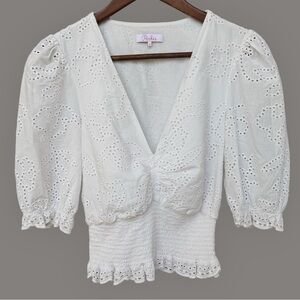 Parker Alistair White Eyelet Blouse Spring Ruched 100% Cotton Size Small.